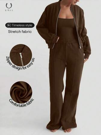 2pcs U MII Solid Color Casual Elegant Zip Pocket Drawstring Boyfriend Style Loose Long Sleeve Sweatshirt Set