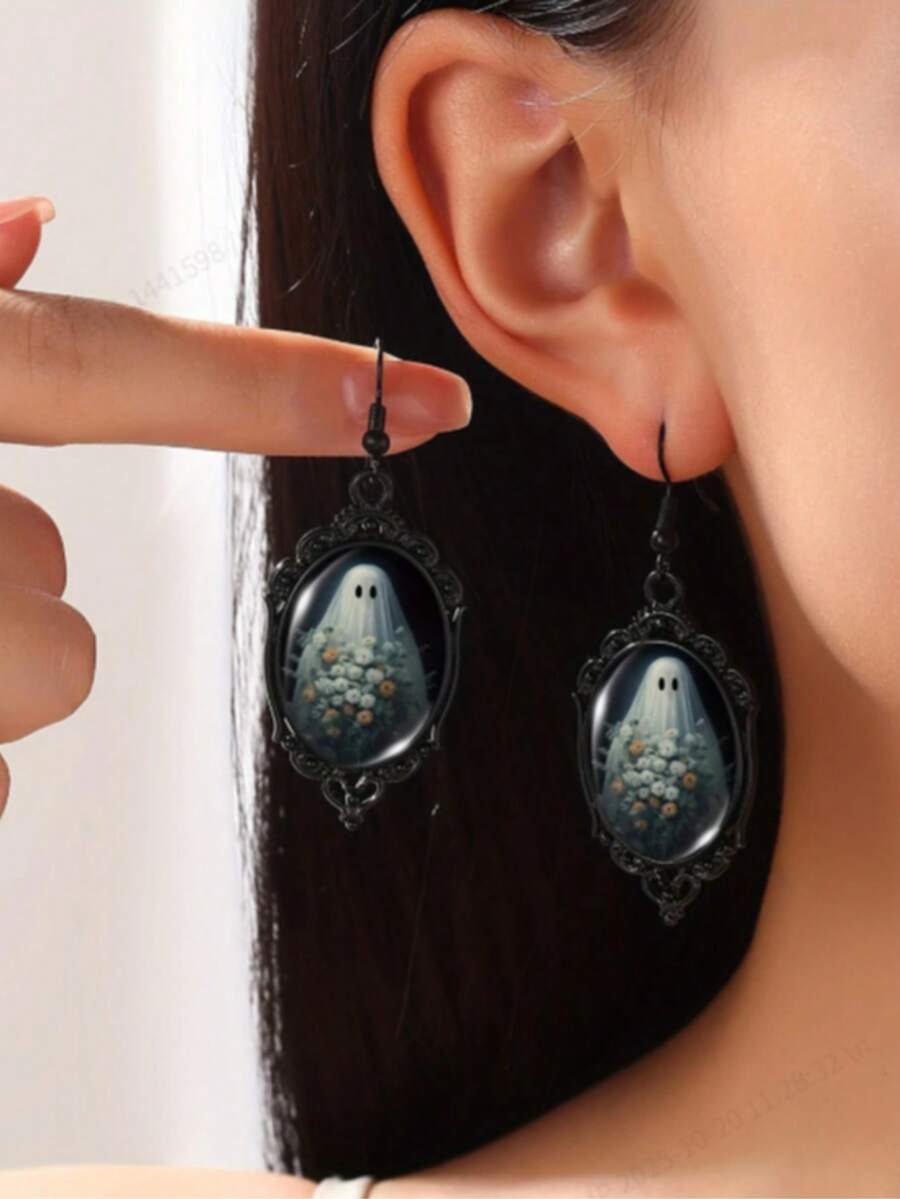 Gothic Style Black Pendant Earrings With Ghost Bride Pattern, Glass Mosaic And Zinc Alloy, Suitable For Women - Iron Earring Hooks, No Feathers, Suitable For Daily And Party Occasions - All Seasons