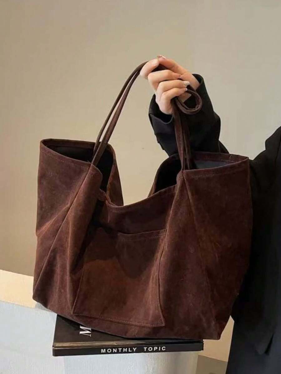 純色帆布極簡大容量時尚托特包,百搭 Ins 風購物袋,必備優雅單品 - 咖啡 - 查看 1