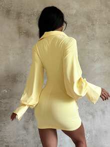 1pc Solid Color Casual Pleated Crossover Ruffle Hem Bodycon Shirt Dress, Everyday Wear, All Season - Yellow - View 6