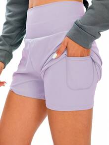 1pc Women Solid Color 2 In 1 Pocket Tight & Lift Sports Shorts, Comfortable & Versatile Nylon Shark Skin Tennis Shorts For Summer - Màu tím hoa cà - Xem 1
