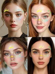 6 Blatt Glitzer Sommersprossen Gesichts-Tattoo mit Herzen, Sternen, Punkten, wasserfeste Regenbogen-Glitzer Sommersprossen, holografischer Glitzer temporärer Tattoo Aufkleber für Musikfestivals, Dates, Proms, Partys, Make-up Accessoires