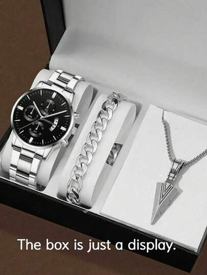 مجموعة 3 قطع ساعة رجالية كوارتز عصرية للأعمال، مع ساعة معدنية إلى جانب قلادة سهم وإكسسوارات أخرى، هدية مثالية للرجال، والخيار الأفضل لتقديم الهدايا