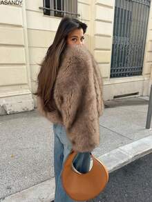 女式圆领宽松短款仿皮草时尚休闲夹克 - 深棕色 - 查看 3