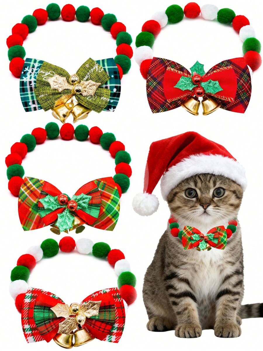 2pcs Christmas Pet Fluffy Necklace & Collar Decorations, Limited Edition Pet Accessories, Christmas Costume Accents, Fluffy Bow Collars For Small Dogs And Cats