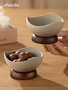 choxila 1个陶瓷甜点杯，粗陶小吃杯，木质带底座沙拉碗，冰淇淋碗，小吃盘，托盘，水果盘，酸奶杯，适合居家、下午茶、娱乐和斋月使用