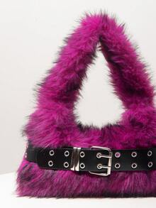 2000s Style Candy Color Plush Shoulder Bag, Fall Purse, Hobo Bag, Fur Purse, Y2K, Winter, Punk, Personalized, Cute, Daily, Shopping, Dating, Travel (Random Pattern) - Hot Pink - View 4