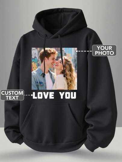 Customized Photo & Text Printed Hoodie Sweatshirt For Plus Size Men, Autumn/Winter, Upload Your Own Image - Landscape/Anime/Lover/Family/Pet/Friend Image + Personalized Text - Name/Blessing/Holiday/Anniversary