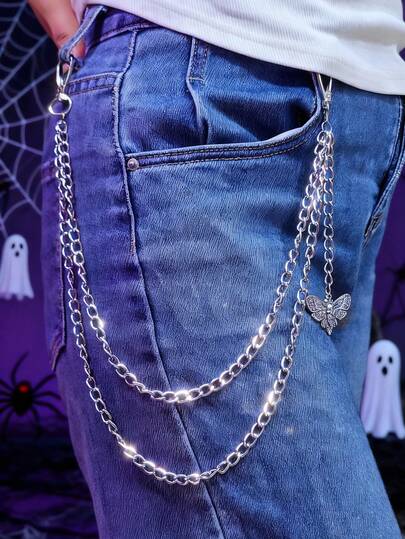 1 Stück Gothic Retro Hosen Kette, doppellagige Motten Skelett Anhänger Taillenkette, vielseitiges Taille Accessoire, geeignet für Partys, Feiertage und den täglichen Gebrauch
