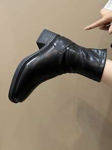 女士弹力靴，新款时尚粗高跟踝靴，通勤修身短靴 - 黑色 - 查看 7