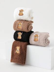 1/3/5 Pairs Women's Embroidered Plush Socks, Thick Warm Floor Socks, Cartoon Warm Sleeping Socks, Fashionable & Versatile, Coffee Color