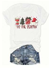 Camiseta de manga corta con estampado moderno y cuello redondo para Navidad, top casual de mujer, ropa de mujer de talla estándar. - blanco - Ver 1