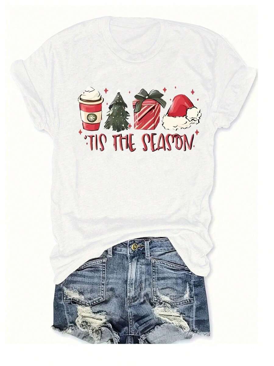 Camiseta de manga corta con estampado moderno y cuello redondo para Navidad, top casual de mujer, ropa de mujer de talla estándar. - blanco - Ver 1