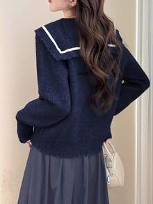 Alicedudu Cardigan vintage bleumarin cu guler decorat cu funde pentru femei, toamnă/iarnă