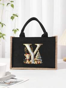 Men's Casual Tote Bag, Large Capacity Shopping Bag, Linen Beach Tote Bag Christmas Theme 26 Letter Print Commuter Tote Bag Yellow Linen Tote Bag, Shopping Bag With Gold Letter And Flower Print, Large Capacity Reusable Shopping Bag Laptop Bag Christmas Bags