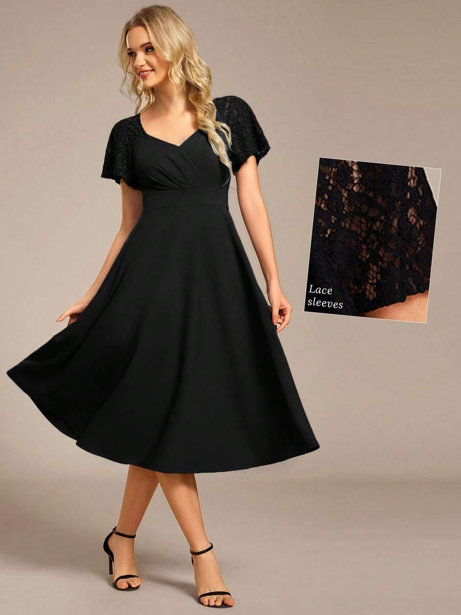 EVERPRETTY Elegant V-Neck Black Wedding Guest Dress, Bridesmaid Dress, Special Occasion Evening Dress With Lace Details, Women Winter Dress