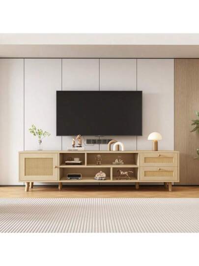 Low TV Cabinet Multiple Storage Functions, Wood ed Particleboard, Open Space Ladder Compartments, Accommodates Up To 70 Inch TVs, 173 38 48 Cm