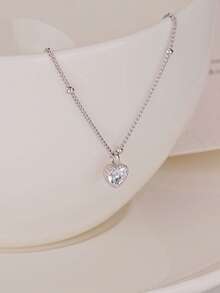 GAGAFEEL 1pc 925 Sterling Silver Delicate Heart Necklace, Minimalist Cubic Zirconia Pendant Necklace, Birthday Gift For Girls & Best Friends - Silver - View 6