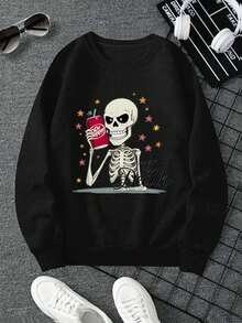 Dr. Pepper Printed Sweatshirt - Long Sleeve, Knitted Fabric, Loose Fit, Full Size, Fashion Pattern Print, Suitable For Casual Outings And Daily Wear, Black White Red Gray Navy Blue - 黑色 - 查看 1
