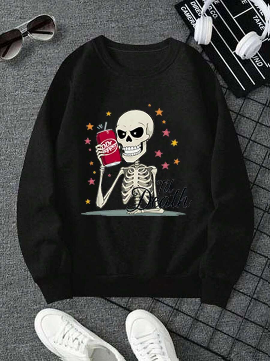 Dr. Pepper Printed Sweatshirt - Long Sleeve, Knitted Fabric, Loose Fit, Full Size, Fashion Pattern Print, Suitable For Casual Outings And Daily Wear, Black White Red Gray Navy Blue - 黑色 - 查看 1
