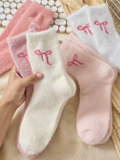 2 pares de calcetines de media caña gruesos y térmicos con lazo para mujer en invierno, cálidos, de moda y lindos, aptos para uso diario, de colores aleatorios