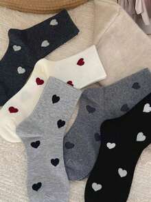 5 Pairs Women's Heart Pattern Mid-Calf Socks, Suitable For All Seasons, Random Colors - Multicolor - View 5