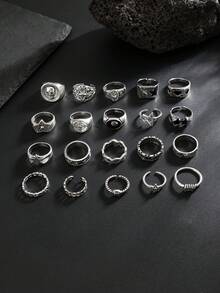 20 件朋克风格骷髅和星星设计戒指套装，适合男士日常休闲佩戴 - 復古銀色 - 查看 4