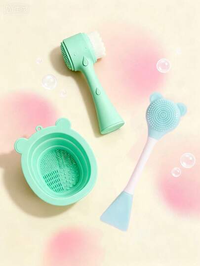 3-In-1 Silicone Facial Cleansing & Makeup Brush Set With Cleaning Bowl, Reusable Alternative Electric Spin Brush Alternative For Exfoliating, Deep Pore Cleansing, Liquid & Mask Application