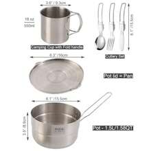 Compact Camping Pot Backpack Mess Kit 18/8 Stainless Steel Camping Pot And Pan Cooking Set Lightweight Camping Cup With Folding Camping Silverware Set For Outdoor Camping Hiking Picnicgift - 不鏽鋼素色 - 查看 2