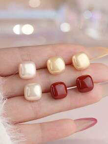 3 Pairs Vintage Square Sugar Stud Earrings For Women, Elegant Faux Pearl French Retro Minimalist Chic Luxury Cute Elegant Commuting High-End Earrings Set, Suitable For Ladies Daily & Festivals - Multicolor - View 3