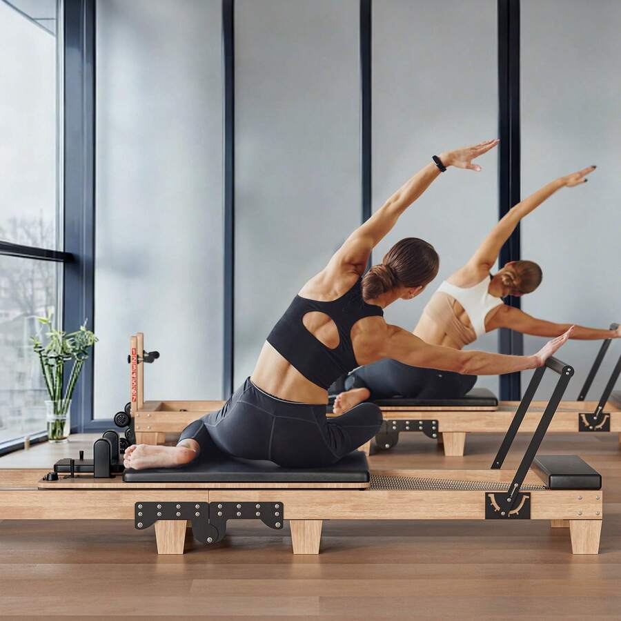 Solid Wood Home Pilates Reformer 91" Foldable Gym Equipment With Adjustable Height, 500LBS Capacity, Jump Board & Anti-Slip Wheels For Total Body Toning - trắng - Xem 1