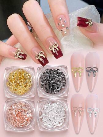 1 盒/4 盒金属蝴蝶结指甲饰物，合金指甲蝴蝶结 3D 金银黑玫瑰蝴蝶结指甲饰物，奢华闪亮蝴蝶结指甲装饰，美甲配件美甲指甲 DIY 指甲用品指甲指甲宝石