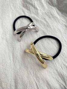 2pcs Women's Criss-Cross Metal Hair Scrunchies, Geometric Hair Rings For Buns, Minimalist Smooth Ponytail Holders, Suitable For Ladies And Girls ,Hair Elastics ,Hair Rubber Bands ,Hair Rope - Multicolor - View 1