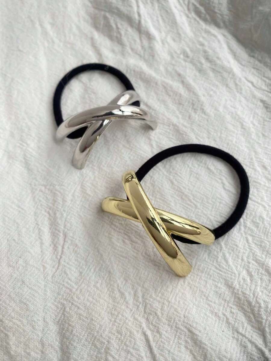 2pcs Women's Criss-Cross Metal Hair Scrunchies, Geometric Hair Rings For Buns, Minimalist Smooth Ponytail Holders, Suitable For Ladies And Girls ,Hair Elastics ,Hair Rubber Bands ,Hair Rope - Multicolor - View 1