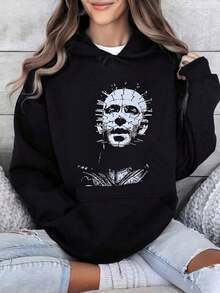 Pinhead Face On Black T Shirt Design Round Neck Short Sleeve Hooded Sweatshirt Women's And Men's Patterned Sweatshirts - 黑色 - 查看 5