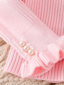 女童高领长袖毛衣，秋冬季休闲珍珠针织汗衫 - 粉色 - 查看 4