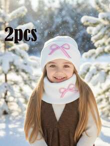 2pcs/Set Girls Embroidered Bow Knit Hat + Scarf Two Pieces Set, Warm Embroidered Bow Knit Set For Autumn/Winter, Children Two Pieces Knit Hat Set, Fashion Knit Hat Set