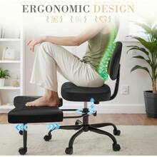 Ergonomic Criss Cross Legged Office Chair With Wheels 360°Swivel Adjustable Height Kneeling Desk Chair With Footrest For ADHD Yoga Meditation Home Office Leather Black - 黑色 - 查看 3