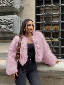 女式圆领宽松短款仿皮草时尚休闲夹克 - 粉色 - 查看 7