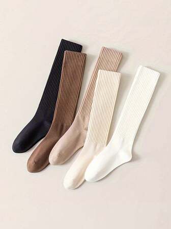 5双装女士日式罗纹小腿袜 - 修身高筒压缩袜，纯色（棕色、浅棕色），适合秋冬季节，仅限手洗，冬季袜 | 简约袜型 | 纹理袜