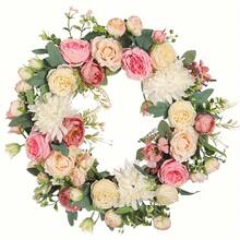 16 Inch Artificial Rose And Peony Wreath, All-Purpose Floral Decor For Home Hotel Wedding Indoor Outdoor Garden