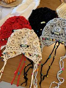 Boho Bohemian Retro Handmade Tassel Fashion Ball Red Knitted Wool Hat, Warm Headband Hat With Ear Protection For Winter, Unisex Knit Beanie Warm Thermal Outdoor Hat For Skiing And Traveling, Random Style And Color