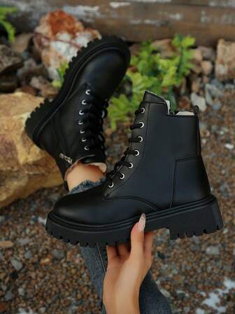 Women's Black Thermal Lined Boots, Thick Sole Lace-Up Ankle Boots, Warm Winter British Style Boots, Metal Eyelet Lace-Up Mid-Calf Boots