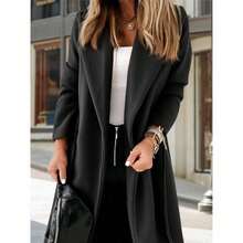 Women's Classic Lapel Collar Open Front Belted Long Coat Jacket - 黑色 - 查看 6