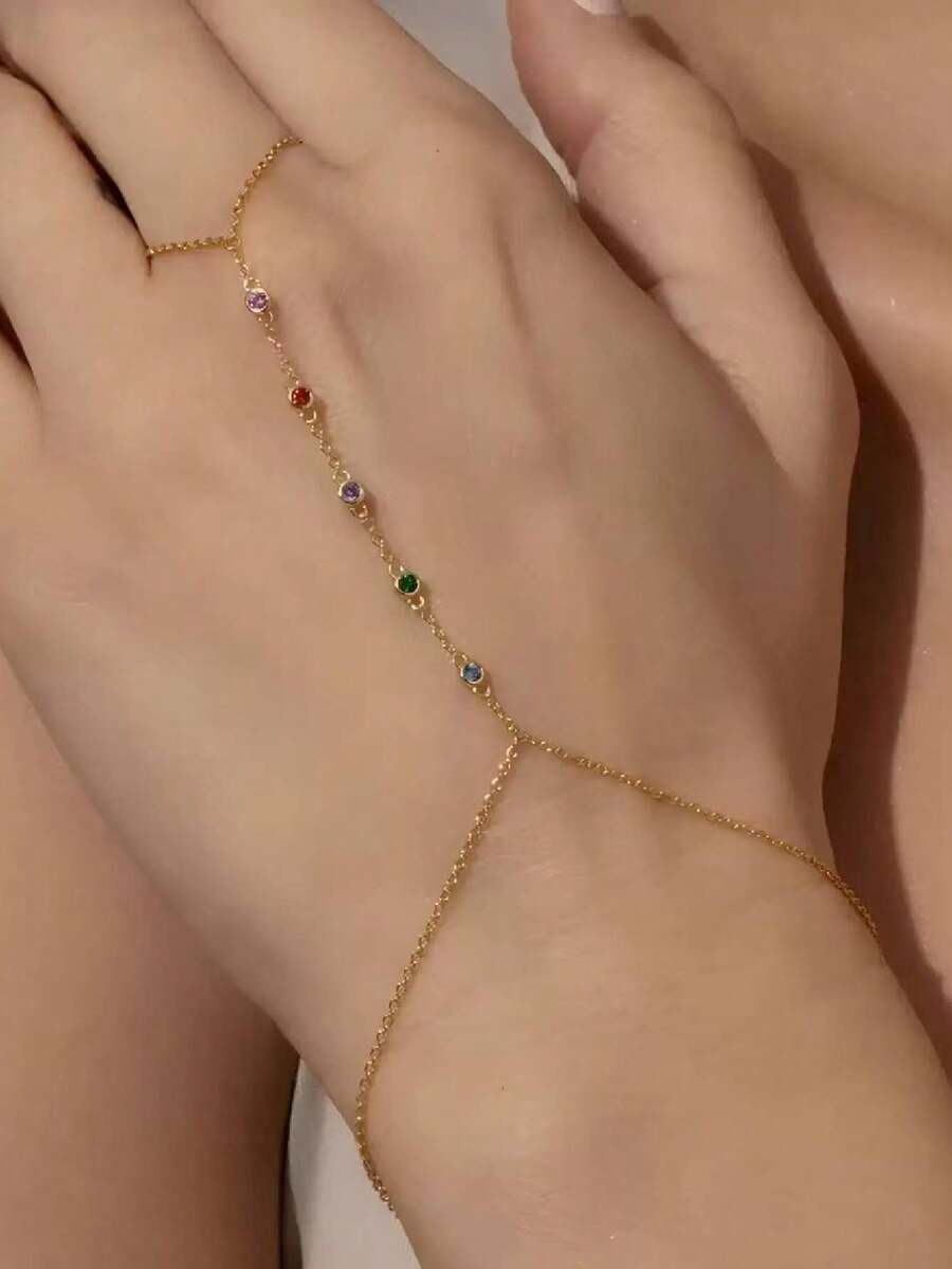 1pc Stainless Steel Bracelet With Colorful Zirconia Stones, Fashionable Finger Chain Jewelry (Random Crystal Color) - Gold - View 1
