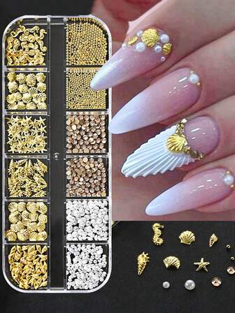 1 caja de decoraciones surtidas para arte de uñas - conchas, estrellas de mar, perlas, flores, mariposas, corazones, dopamina, diseños de frutas y verduras, accesorios de uñas de estilo oceánico de alta gama