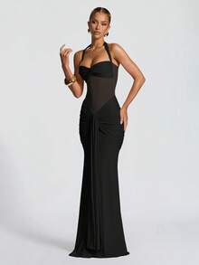 性感吊带露背收腰高开衩连衣裙，网纱拼接度假派对婚纱黑色春季款 - 黑色 - 查看 6