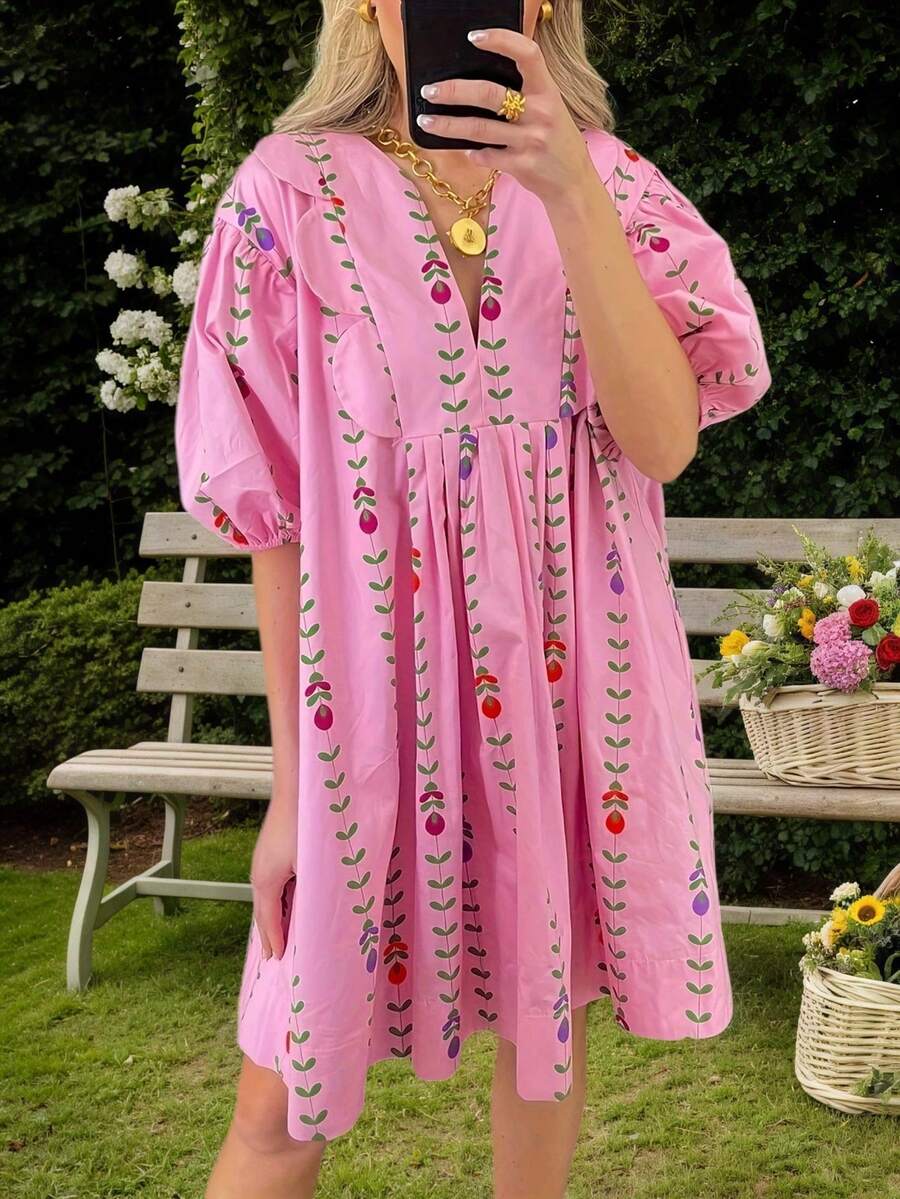 Tulip Print Pleated Lotus Silk A-Line Dress For Women, Summer A-Line Puff Sleeve Short Skirt, Age-Reducing Casual Lazy Style Vacation Commuting Two-Wear Mini Skirt - 粉色 - 查看 1