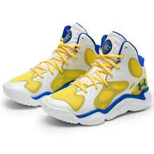 Under Armour 男士篮球鞋，Flow 缓震，弹性轻便，CURRY Spawn Flotro 男士运动鞋，建议订购大 0.5 码，抓地力更强，3026640-100 - 白/黃/藍 - 查看 3