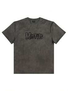 Misfits Horror Punk Style Red Marbled Tie-Dye Acid-Washed Short Sleeve Crew Neck T-Shirt - Bold Black Stylized Lettering Print, Casual Summer Cotton Tee For Fans- Fall Graphic T-Shirt Women's Halloween Animal Print Casual T-Shirt For Fall Outfit - 深灰色 - 查看 6